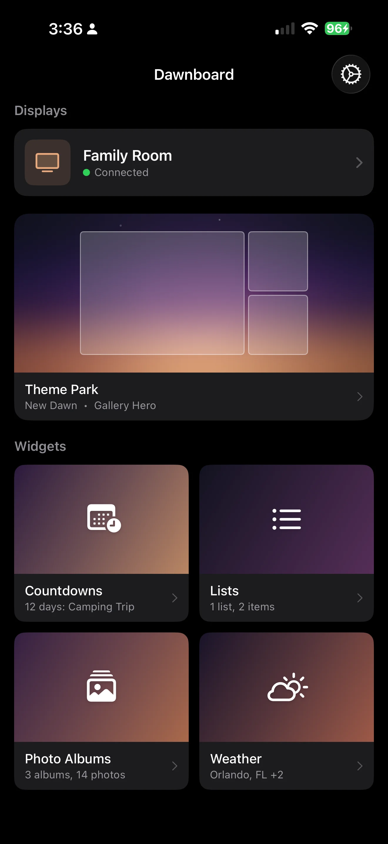 Dawnboard on Apple TV showing a camping countdown with weather and photos - iPhone companion app