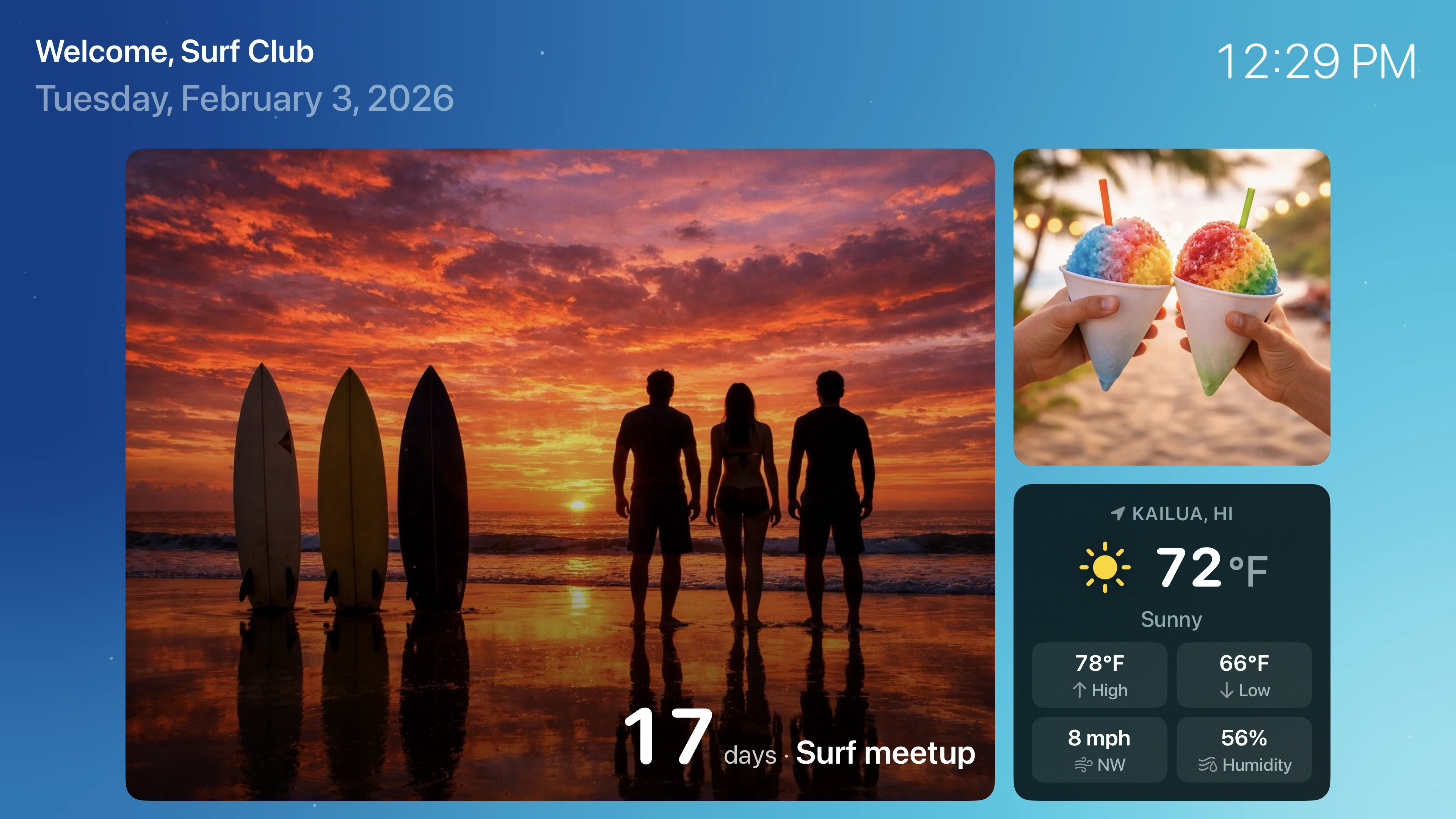 Dawnboard on Apple TV showing a surf club theme